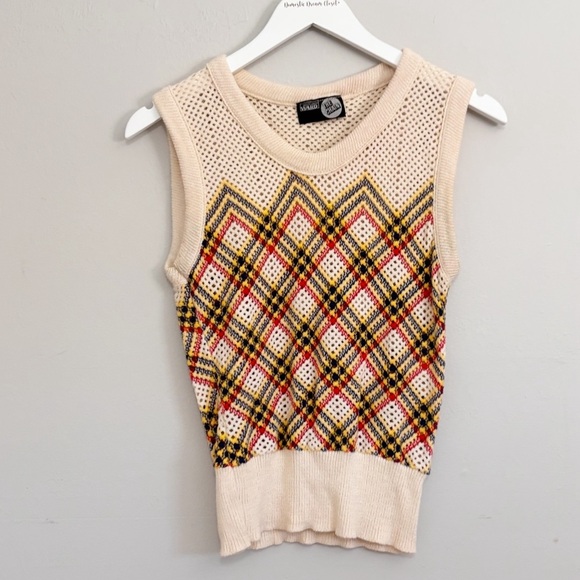 Montgomery Ward Jackets & Blazers - Vintage MONTGOMERY WARD Women’s Plaid Ivory Multi Knit Vest THE CHAIN 1970s Sz S